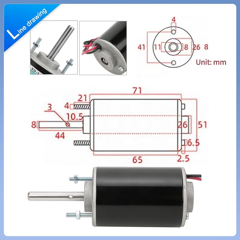 HUSETOO محرك تيار مستمر عالي العزم 12V/24V، محرك هادئ لمشاريع DIY مع موصل كابل لمحركات كهربائية ومولدات، 30W CW/CCW 3500/7000RPM (عمود دائري) - Image 4